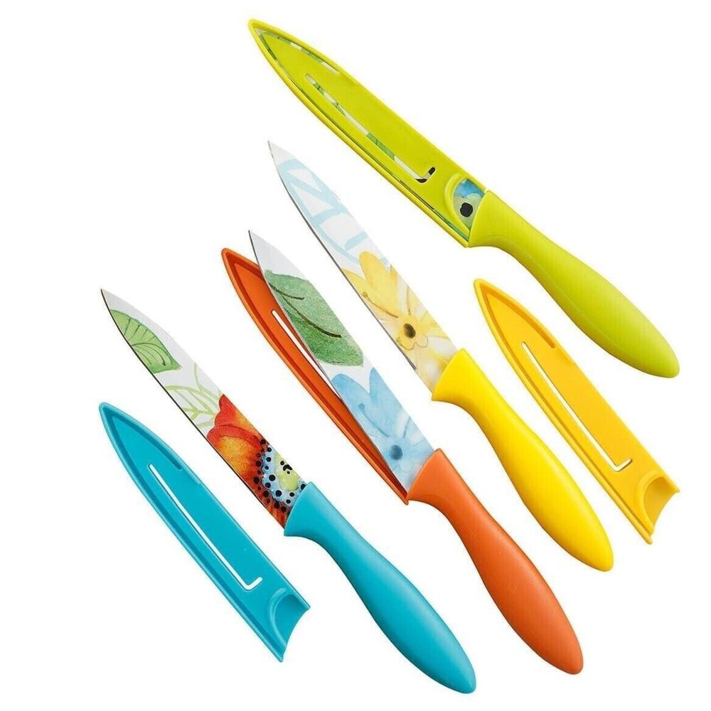 Laurie Gates Knife Set Blade Guard Daisy Floral 4-pack Ergonomic Handles NEW